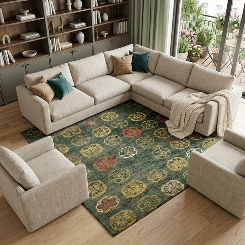 8' X 10' Yellow Green And Orange Floral Hand Knotted Area Rug