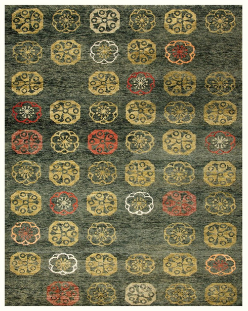 8' X 10' Yellow Green And Orange Floral Hand Knotted Area Rug