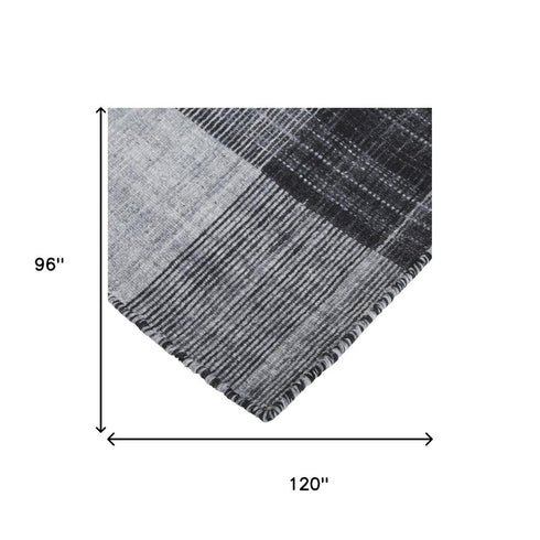 8' X 10' Black And Gray Plaid Hand Loomed Area Rug