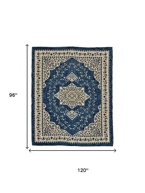 8' X 10' Blue And Ivory Oriental Hand Woven Area Rug