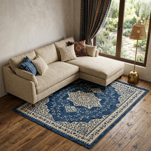 8' X 10' Blue And Ivory Oriental Hand Woven Area Rug