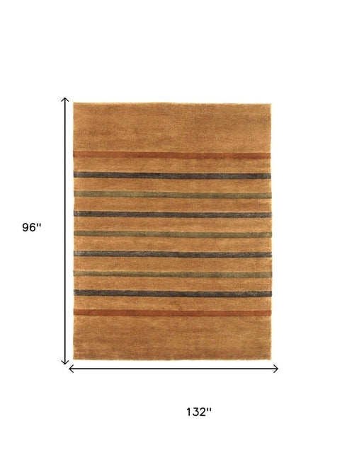 8' X 11' Brown Green And Blue Striped Hand Knotted Area Rug