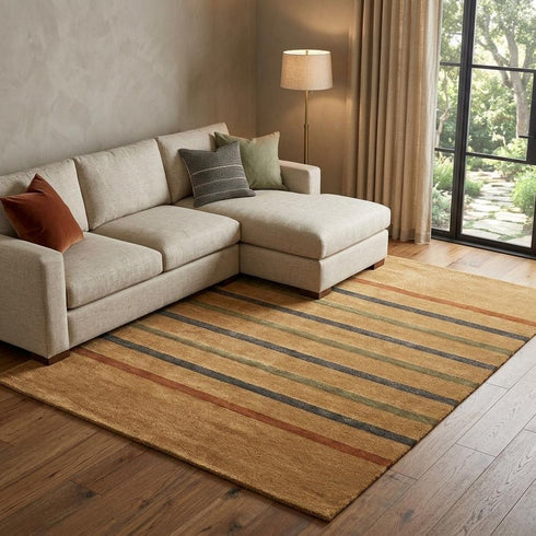 8' X 11' Brown Green And Blue Striped Hand Knotted Area Rug