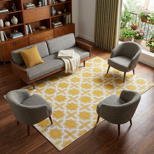 8' X 10' Yellow And White Geometric Hand Woven Area Rug