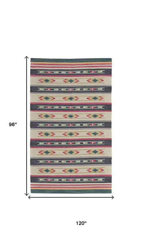 8' X 10' Tan Black And Orange Southwestern Hand Woven Area Rug