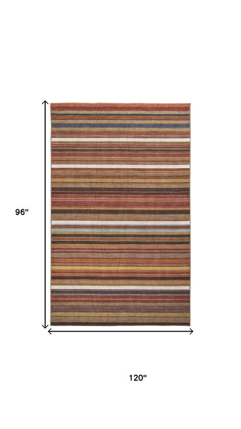 8' X 10' Red Brown And Gray Wool Striped Hand Knotted Area Rug