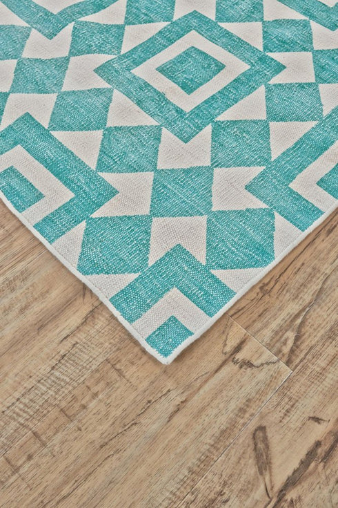 8' X 10' Blue And White Geometric Hand Woven Area Rug