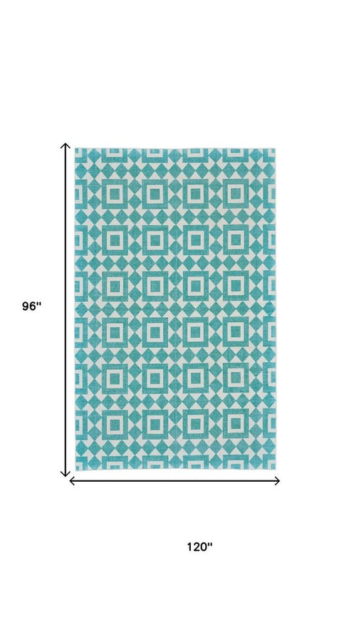 8' X 10' Blue And White Geometric Hand Woven Area Rug