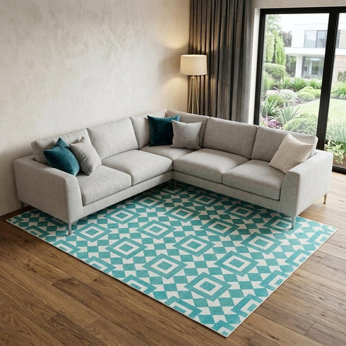 8' X 10' Blue And White Geometric Hand Woven Area Rug
