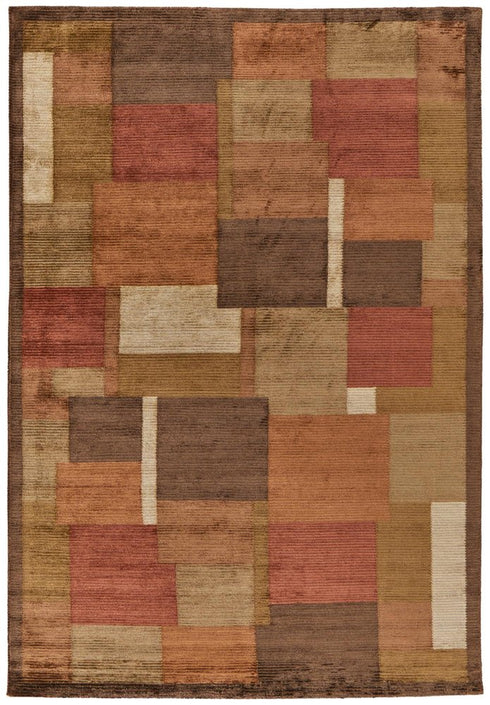 9' X 12' Green Brown And Orange Checkered Hand Knotted Area Rug