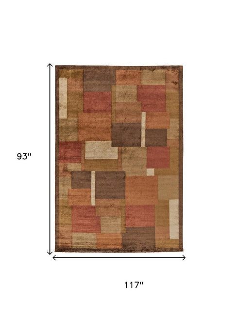 9' X 12' Green Brown And Orange Checkered Hand Knotted Area Rug