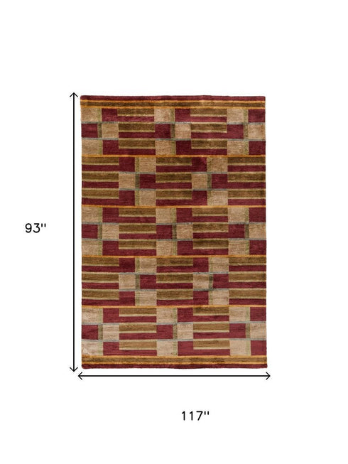 9' X 12' Gold Green And Red Striped Hand Knotted Area Rug