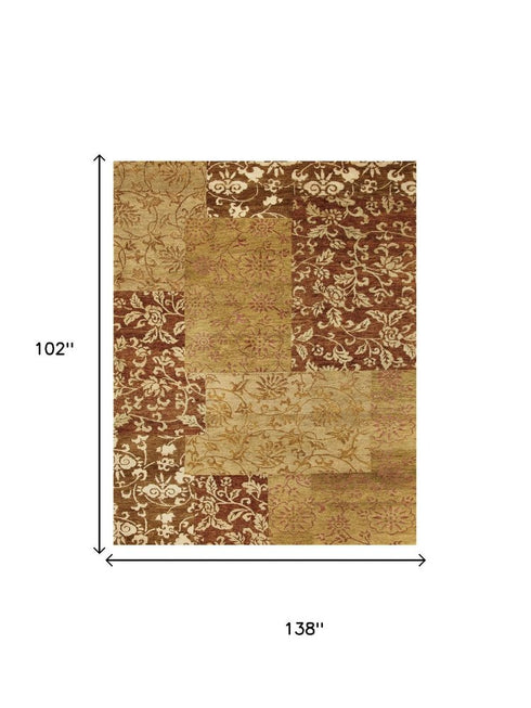 9' X 12' Gold And Brown Patchwork Hand Knotted Area Rug