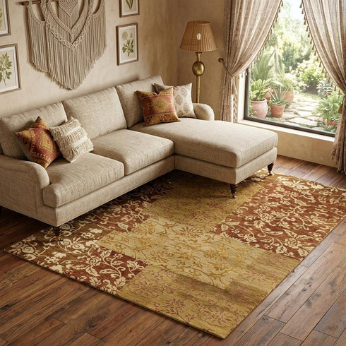 9' X 12' Gold And Brown Patchwork Hand Knotted Area Rug