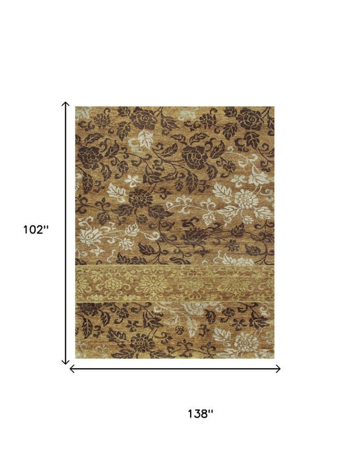 9' X 12' Brown Gold And Tan Floral Hand Knotted Area Rug