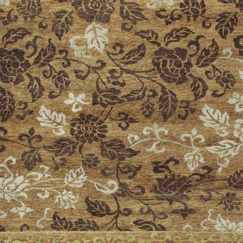 9' X 12' Brown Gold And Tan Floral Hand Knotted Area Rug