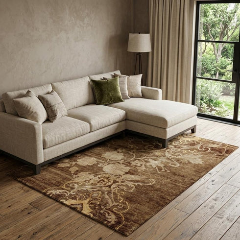 9' X 12' Brown Tan And Ivory Floral Hand Knotted Area Rug