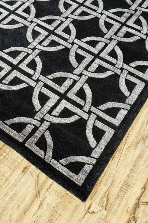 9' X 12' Black And Silver Wool Abstract Hand Knotted Area Rug