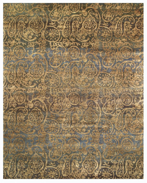 9' X 12' Brown Gold And Blue Wool Paisley Hand Knotted Area Rug