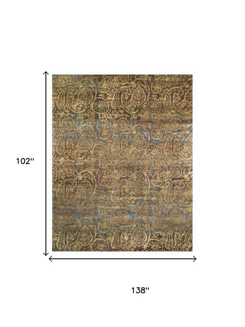 9' X 12' Brown Gold And Blue Wool Paisley Hand Knotted Area Rug
