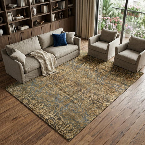 9' X 12' Brown Gold And Blue Wool Paisley Hand Knotted Area Rug