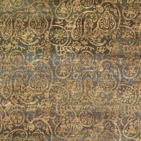 9' X 12' Brown Gold And Blue Wool Paisley Hand Knotted Area Rug