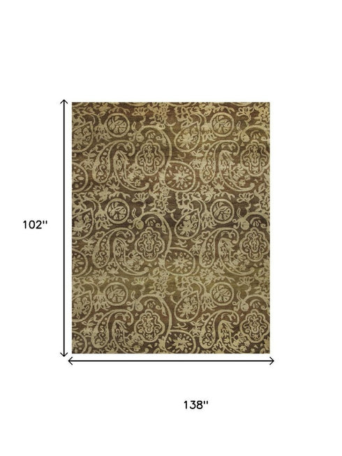9' X 12' Brown Gold And Blue Wool Paisley Hand Knotted Area Rug