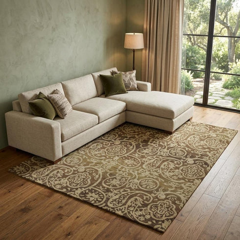9' X 12' Brown Gold And Blue Wool Paisley Hand Knotted Area Rug