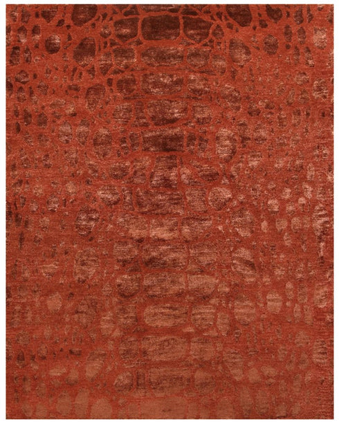 9' X 12' Red And Orange Animal Print Hand Knotted Area Rug