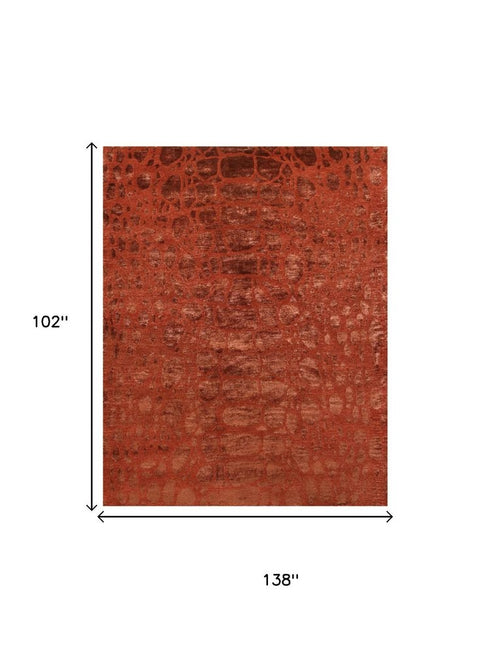 9' X 12' Red And Orange Animal Print Hand Knotted Area Rug
