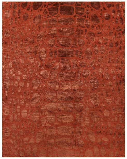 9' X 12' Red And Orange Animal Print Hand Knotted Area Rug