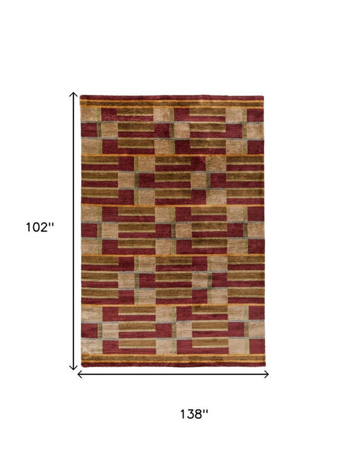 9' X 12' Gold Green And Red Striped Hand Knotted Area Rug