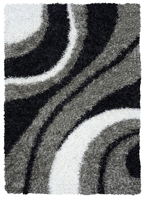 8' Gray And Black Abstract Shag Hand Tufted Round Rug