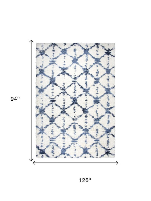8' X 10' Ivory And Blue Trellis Shag Area Rug