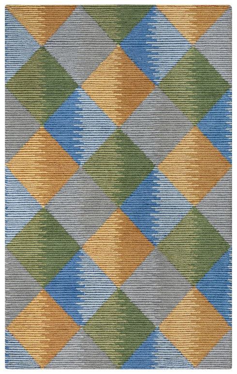 5' X 8' Gray Yellow Green And Blue Wool Geometric Hand Tufted Area Rug