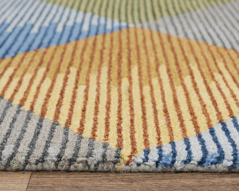 5' X 8' Gray Yellow Green And Blue Wool Geometric Hand Tufted Area Rug