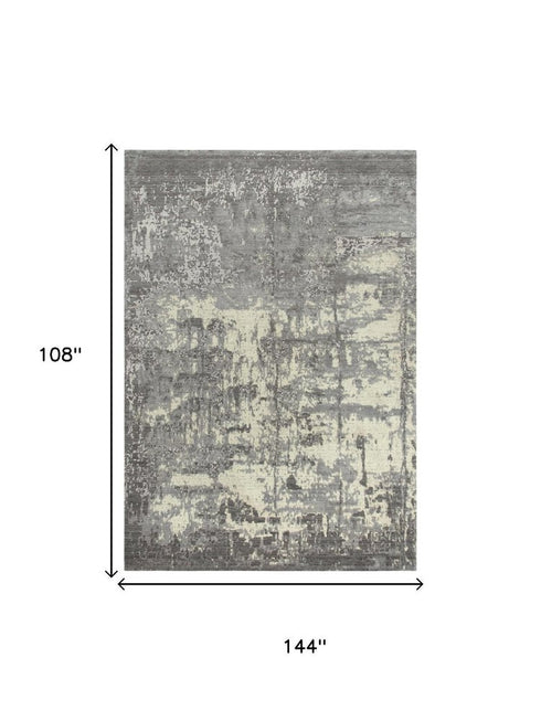 9' X 12' Gray And Ivory New Zealand Lambs Wool Abstract Hand Carved Handmade Area Rug