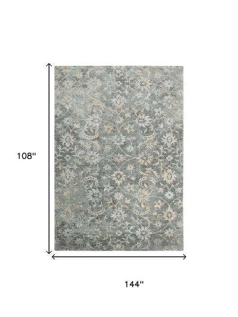 9' X 12' Gray And Beige New Zealand Lambs Wool Floral Hand Carved Handmade Area Rug