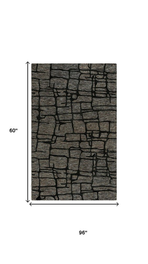 5' X 8' Charcoal Black And Gray Wool Abstract Hand Tufted Area Rug