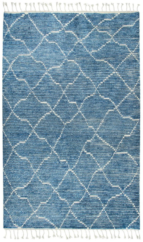 5' X 8' Blue And Natural Wool Geometric Hand Knotted Area Rug