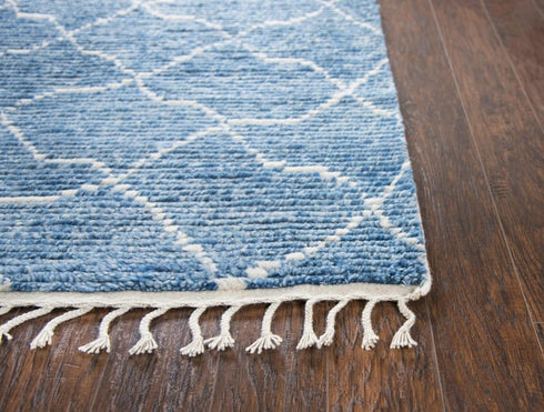 5' X 8' Blue And Natural Wool Geometric Hand Knotted Area Rug