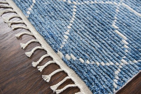 5' X 8' Blue And Natural Wool Geometric Hand Knotted Area Rug
