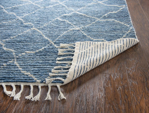 5' X 8' Blue And Natural Wool Geometric Hand Knotted Area Rug