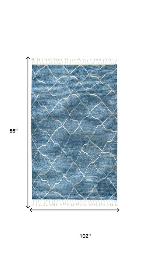 5' X 8' Blue And Natural Wool Geometric Hand Knotted Area Rug