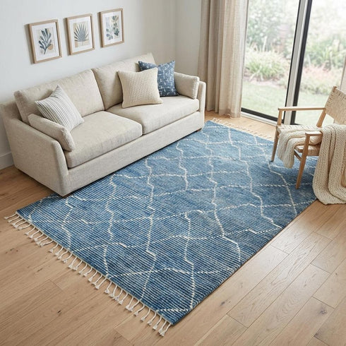 5' X 8' Blue And Natural Wool Geometric Hand Knotted Area Rug