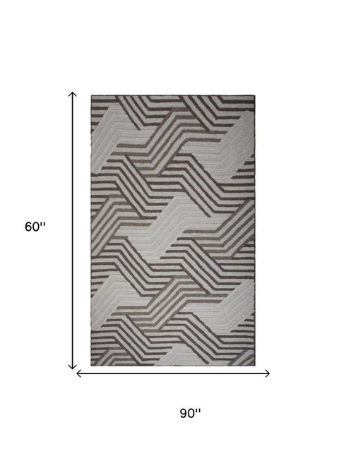 5' X 8' Ivory Dark Brown And Brown Wool Geometric Hand Tufted Area Rug