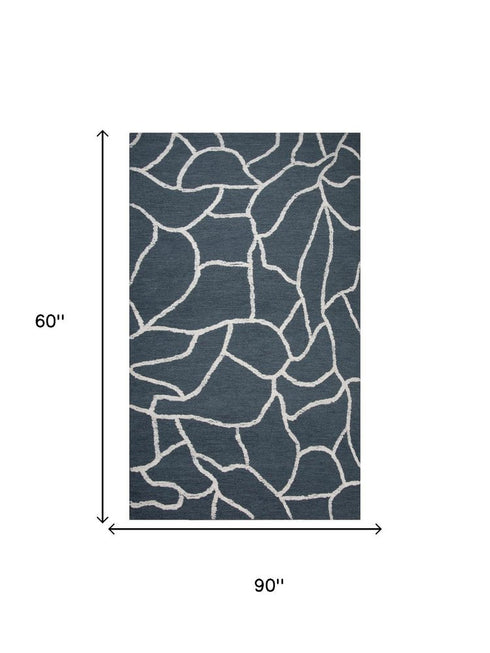 5' X 8' Blue And Ivory Wool Abstract Hand Tufted Area Rug