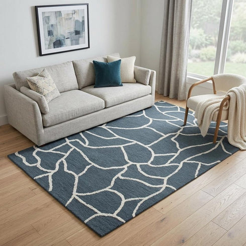5' X 8' Blue And Ivory Wool Abstract Hand Tufted Area Rug