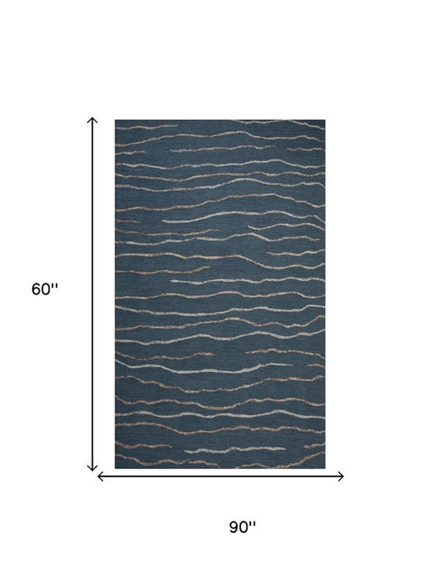 5' X 8' Blue Brown And Ivory Wool Striped Hand Tufted Area Rug