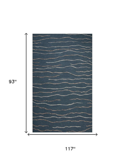 8' X 10' Blue Brown And Ivory Wool Striped Hand Tufted Area Rug